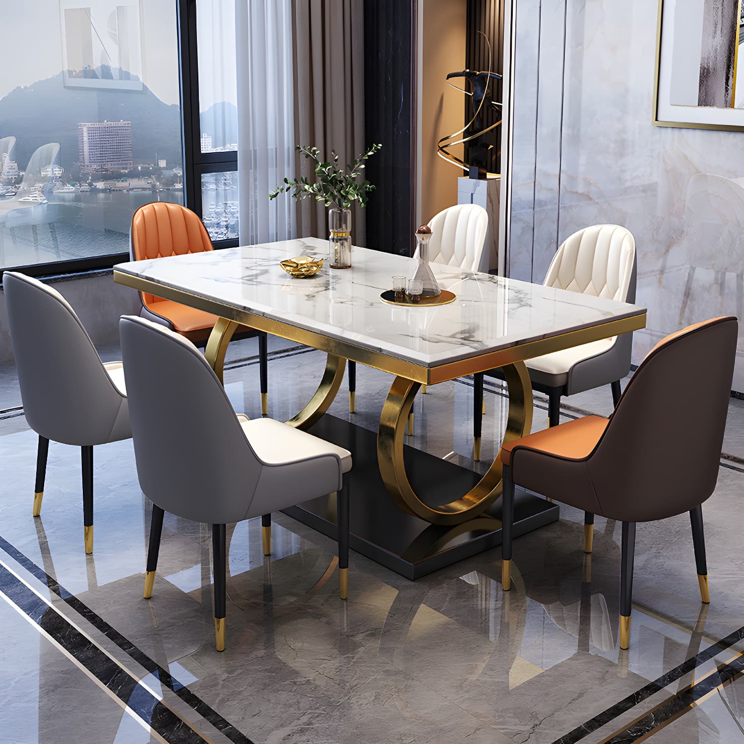 Glam Marble Dining Set with Gold Metal Pedestal Base - White and Beige - 1/5/7 Piece Set thumbnail 3