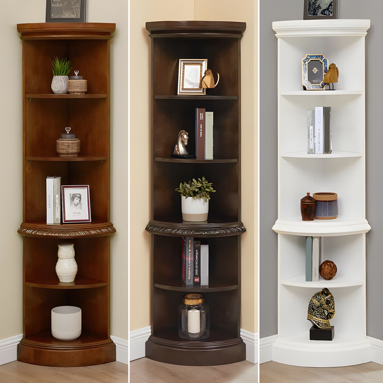 Solid Wood Triangle Corner Cabinet in Rubber Wood with Storage Shelves thumbnail 7