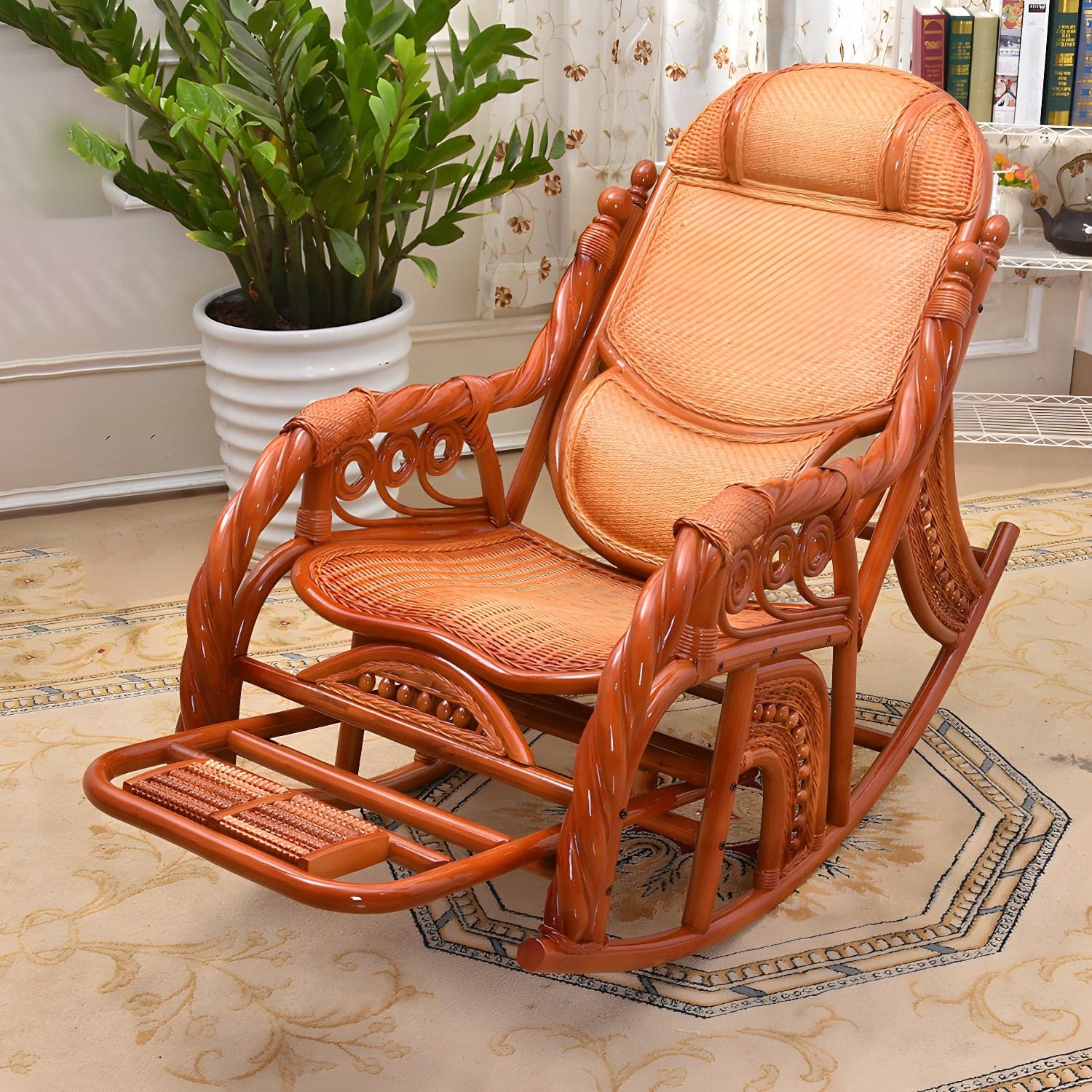 Traditional Spindle Rocking Chair Tobacco Finish with Pillow Rocker Chair Wicker thumbnail 1