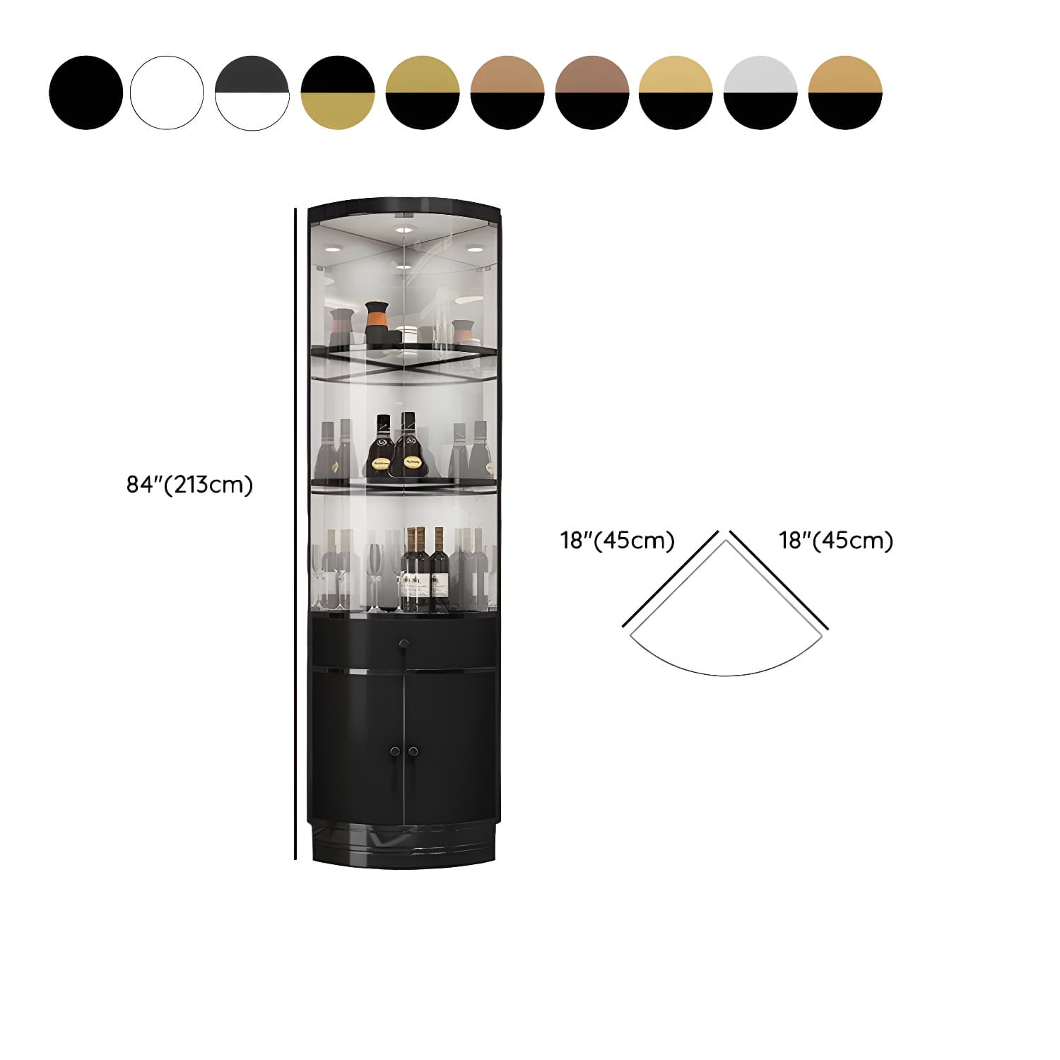 Corner Modern Accent Cabinet with Wood Counter Top, Glass Doors, and Metal Base thumbnail 15