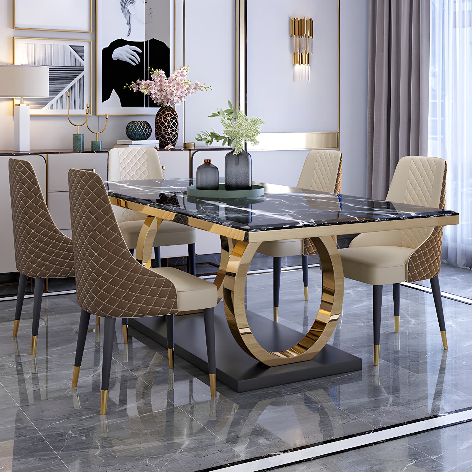 Modern 1/4/5/6/7 Pieces Black Dining Table Set with Marble Top Rectangle Dinette Set thumbnail 3