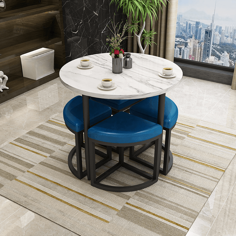Reclaimed Wood Round Dining Table Set with Metal Toboggan Base and Upholstered Backless Chairs for 4 People thumbnail 1