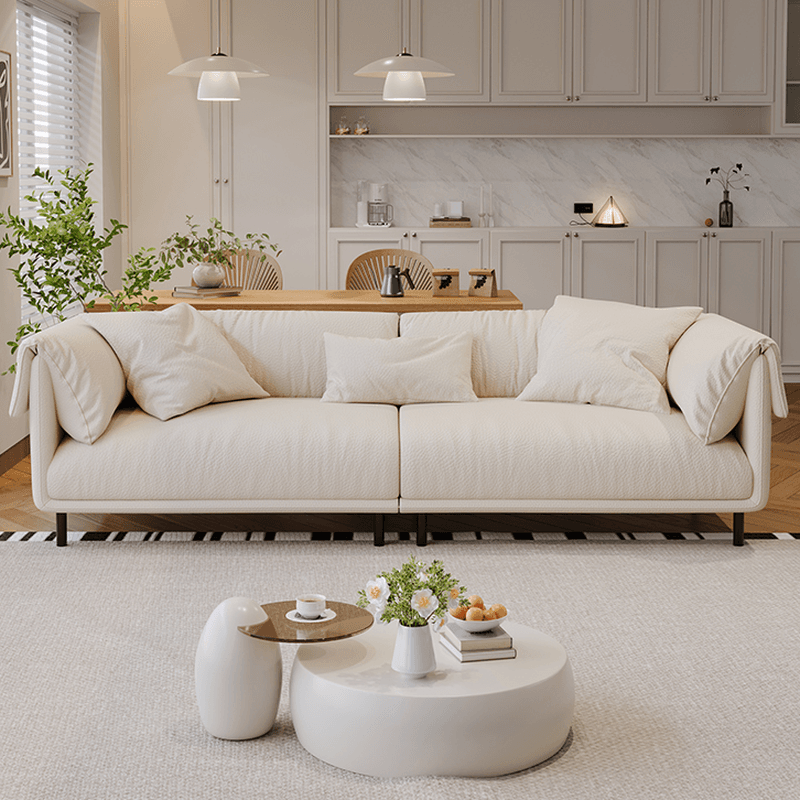 Drawing Room Standard Sofa in Genuine Leather/Flannel with White/Cerulean/Tan Upholstery, Armrest, and 3 Pillows thumbnail 9