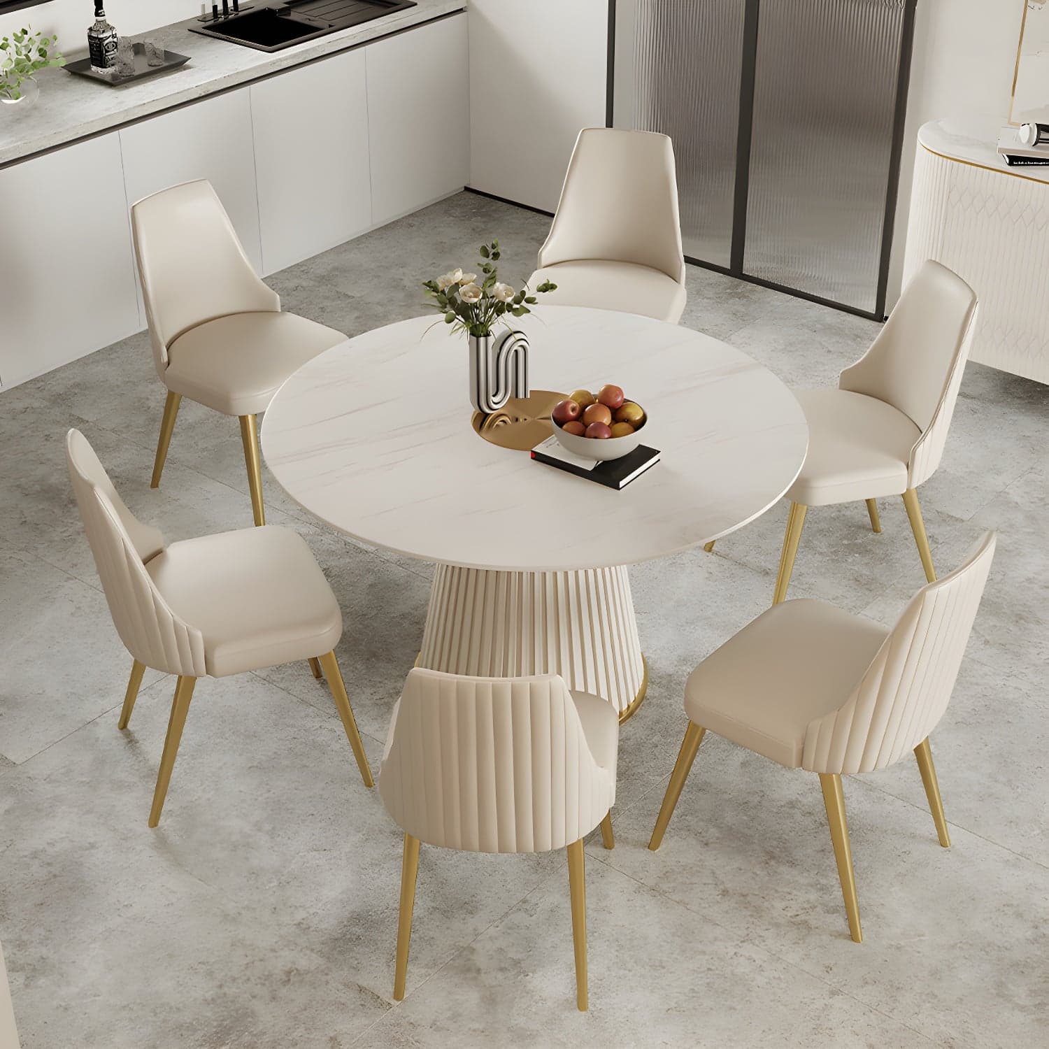 Stone Top Dining Table Round Table with Wood Pedestal Base in White