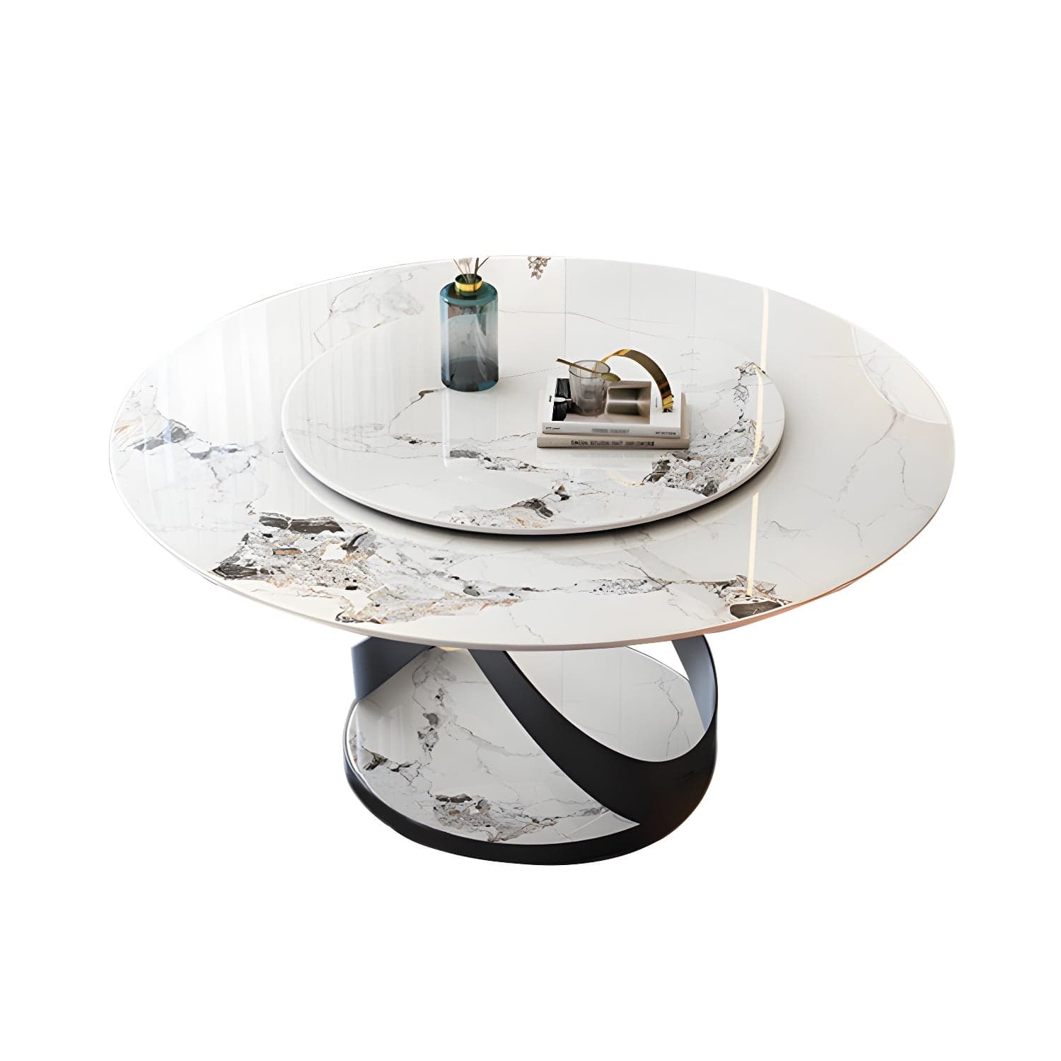 Modern Round Stone Top Lazy Susan Dining Table with Black Steel Pedestal thumbnail 4