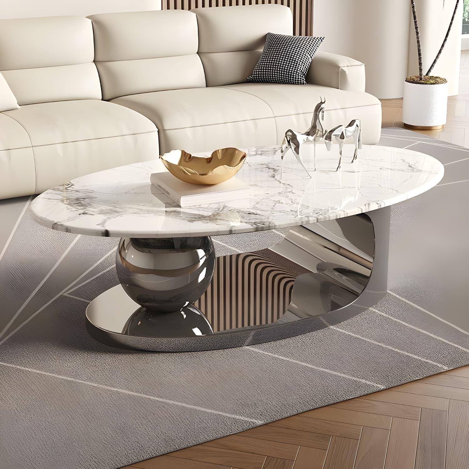 Glam Stone Coffee Table - Beige Oval Shape with Abstract Stainless Steel Base and Scratch Resistant thumbnail 3