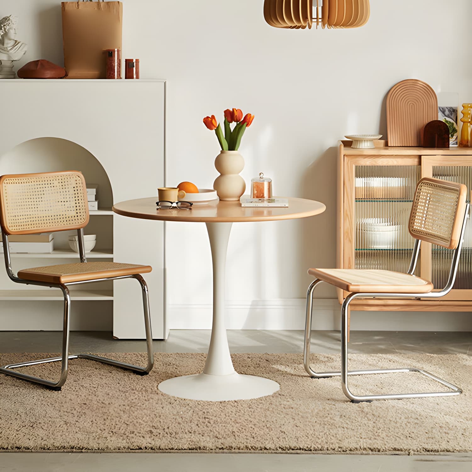 Chic Round Wood Dining Table with Medium Wood Tone and Sleek Steel Tulip Base thumbnail 6