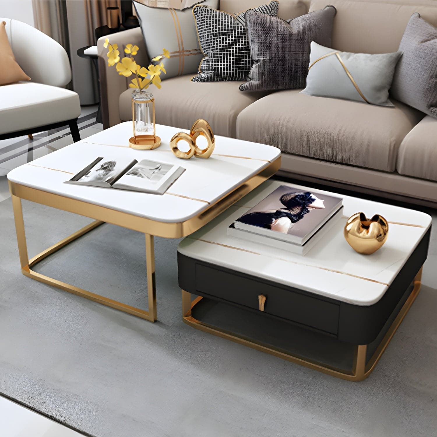 Glam Style Square Coffee Table with Drawer in Metal Frame Base thumbnail 6