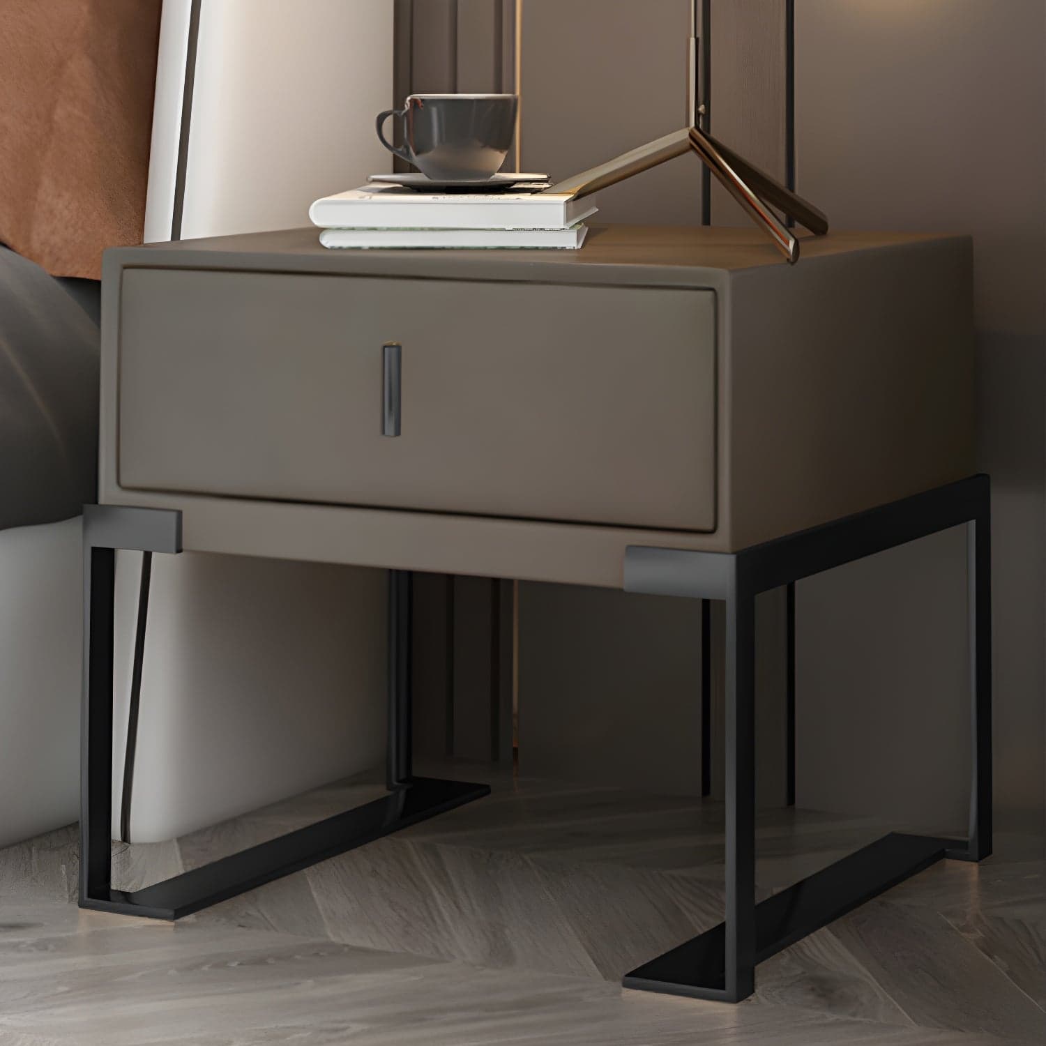 Leather 1 Drawer Nightstand Contemporary Night Table with Metal Legs thumbnail 3