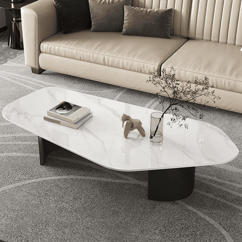 Modern Farmhouse Stone White Irregular Single Coffee Table with Twin Pedestal Base thumbnail 4