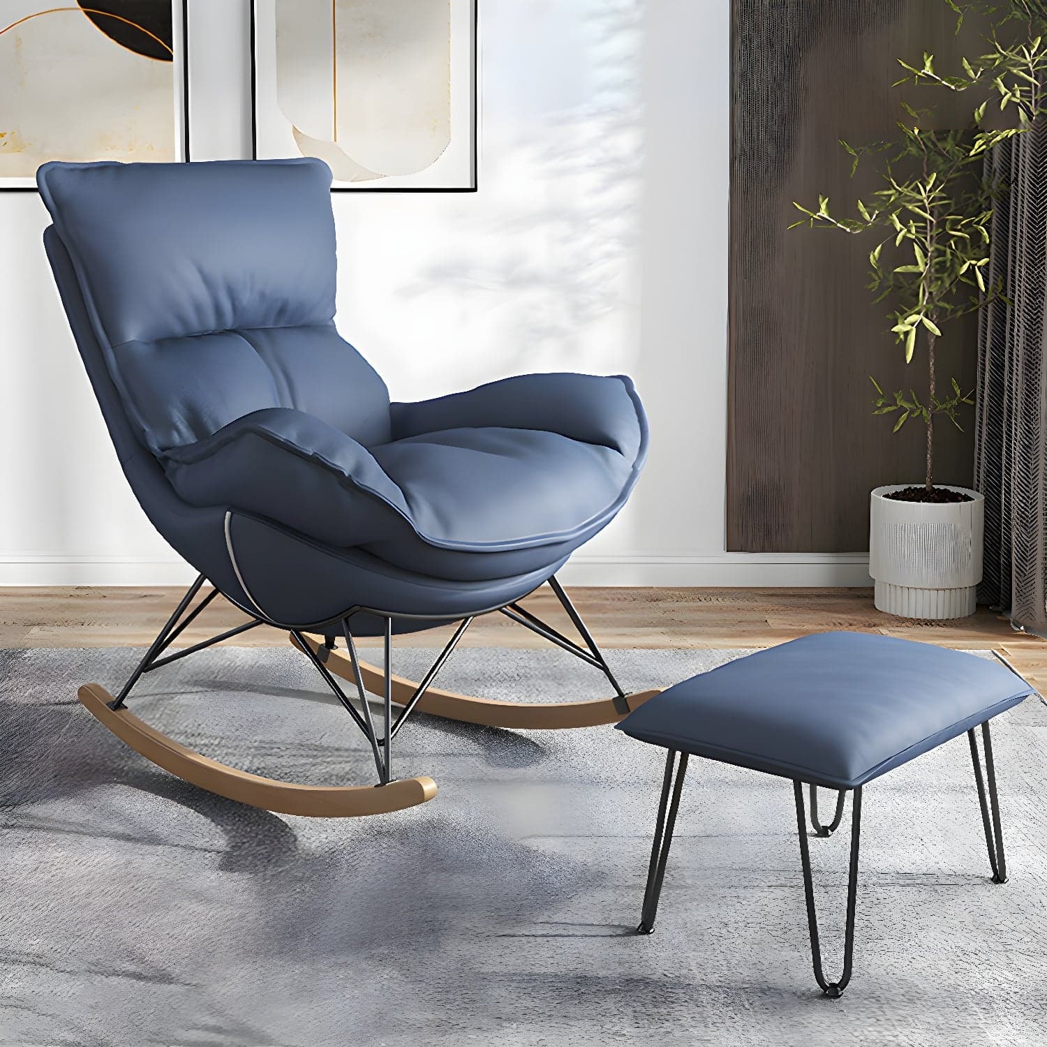 Modern Upholstered Rocking Chair and Ottoman Set - Natural Wood Legs, Stylish Design for Home Decor thumbnail 1