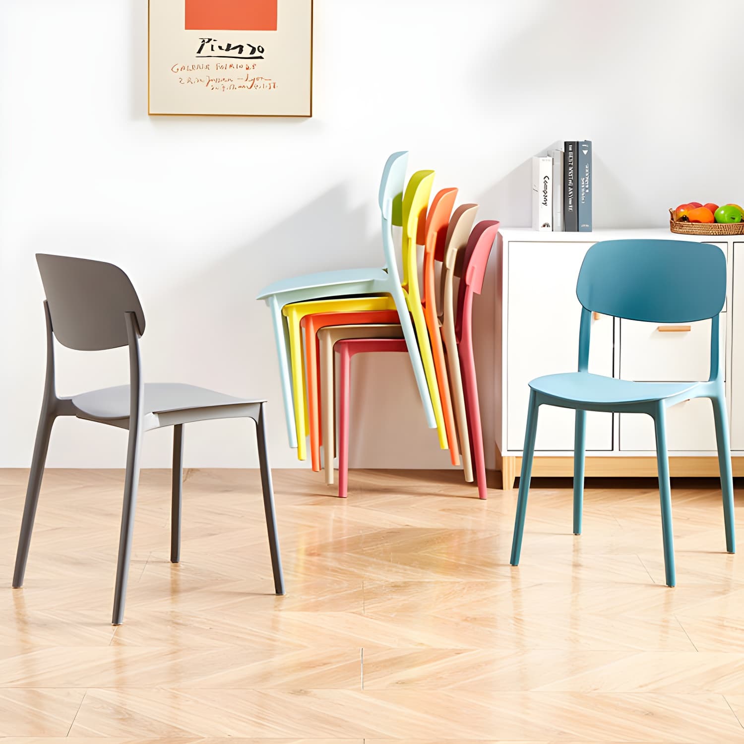 Scandinavian Stackable Armless Dining Chairs Plastic Open Back Dining Side Chair thumbnail 25