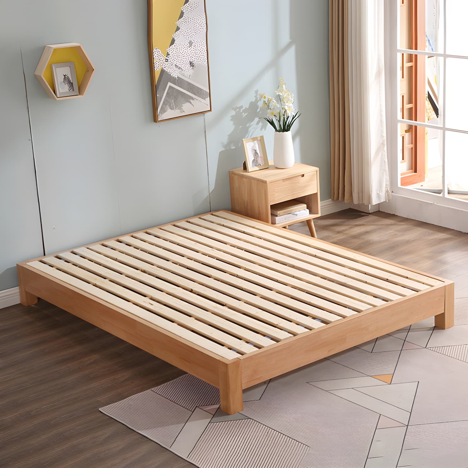 Solid Wood Standard Bed Contemporary Rubberwood Platform Bed with Legs thumbnail 9