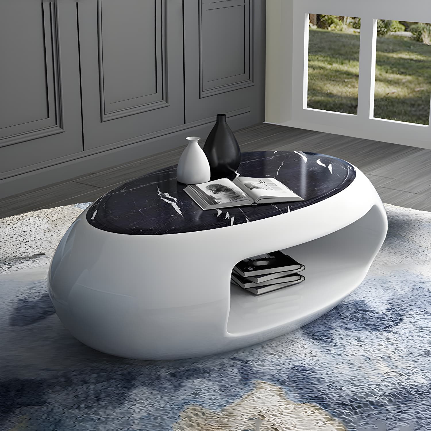 Modern Oval Coffee Table with Storage Shelf and Plastic Pedestal Base thumbnail 6