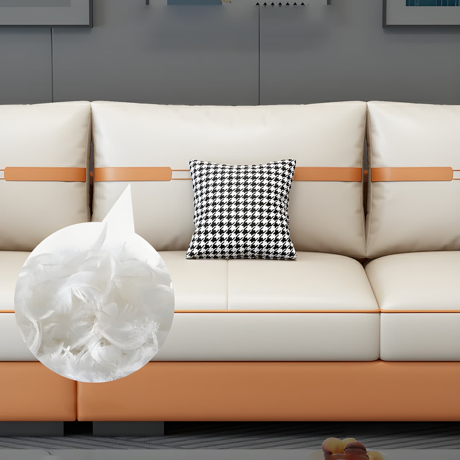 Scandinavian Wood Frame Beige Faux Leather Stationary Sectional Sofa with Cushion Back thumbnail 4