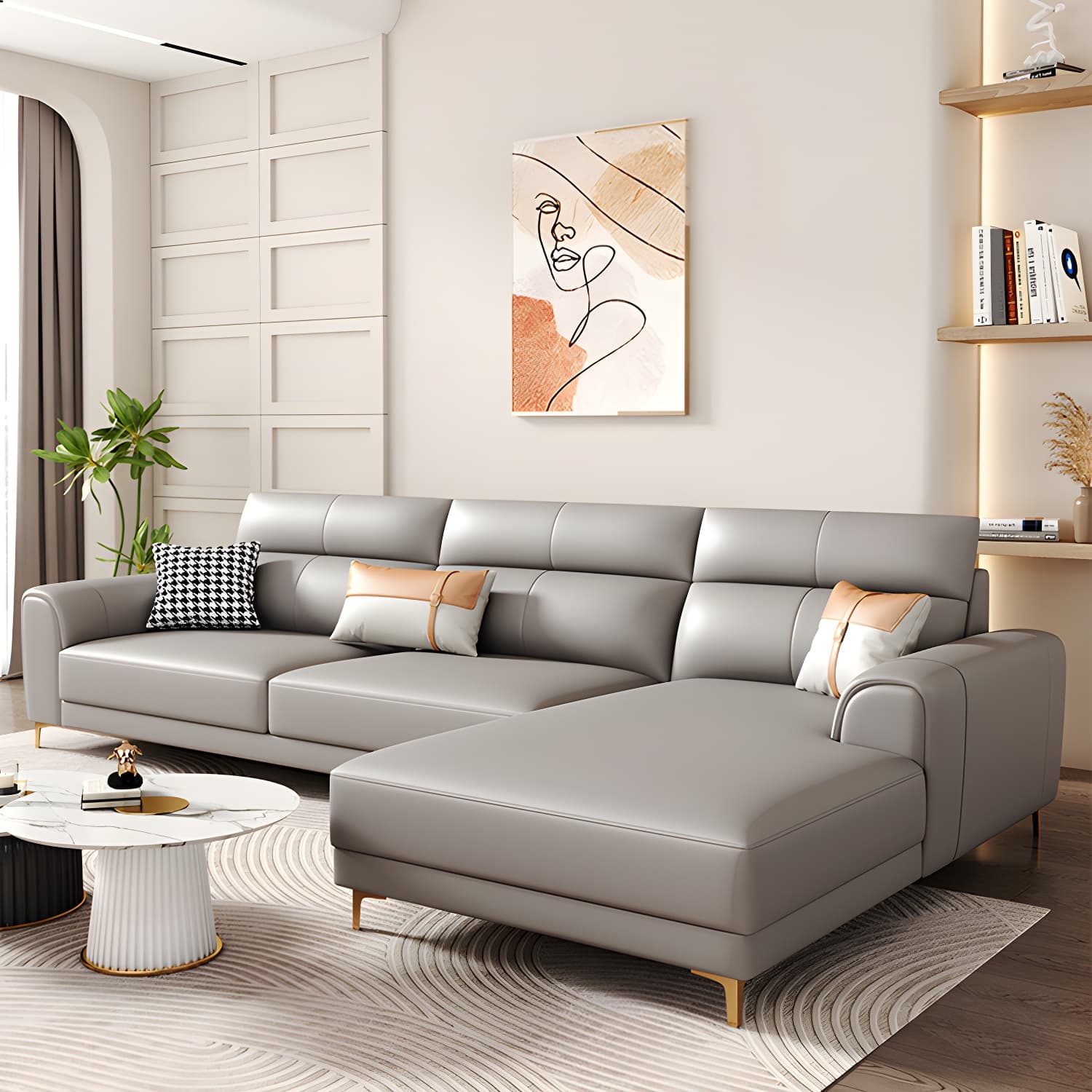 Modern Gray Faux Leather Sectional Sofa with Pillow Top Arms and Wood Frame thumbnail 1