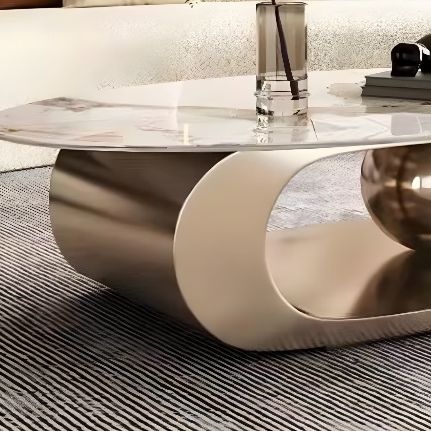 Glam Stone Coffee Table - Beige Oval Shape with Abstract Stainless Steel Base and Scratch Resistant thumbnail 11