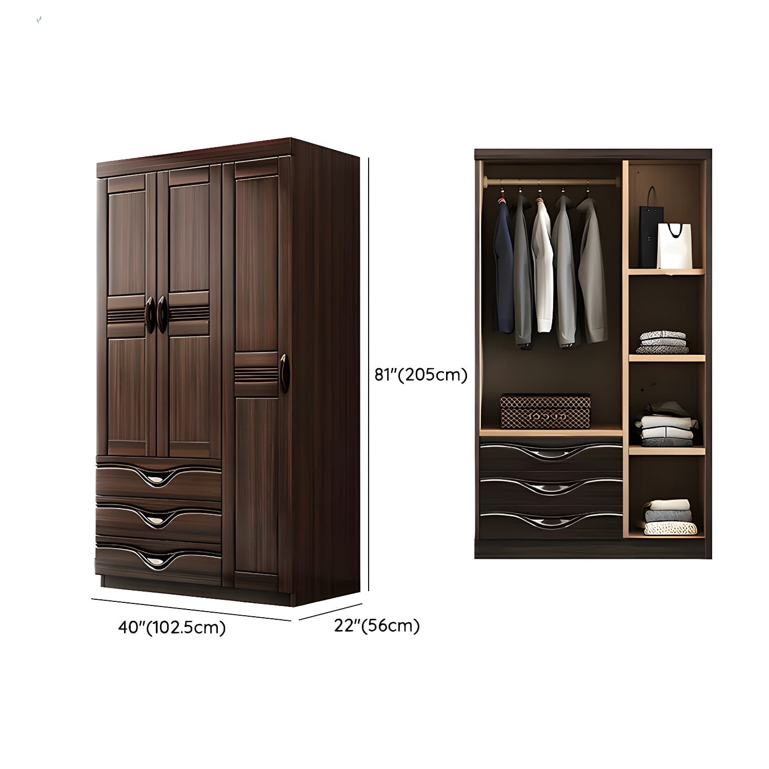 Traditional Black-brown Storage Wood Wardrobe with Clothing Rod and Shelves thumbnail 9