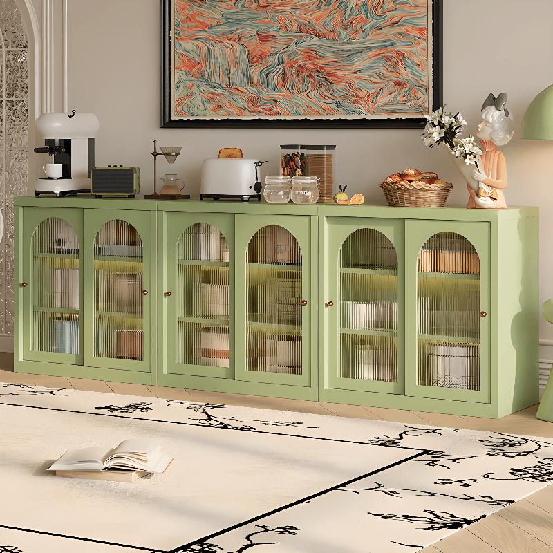 Simple Narrow Iron Countertop Sideboard with Cupboard, Glass Doors, and Changeable Shelf thumbnail 7