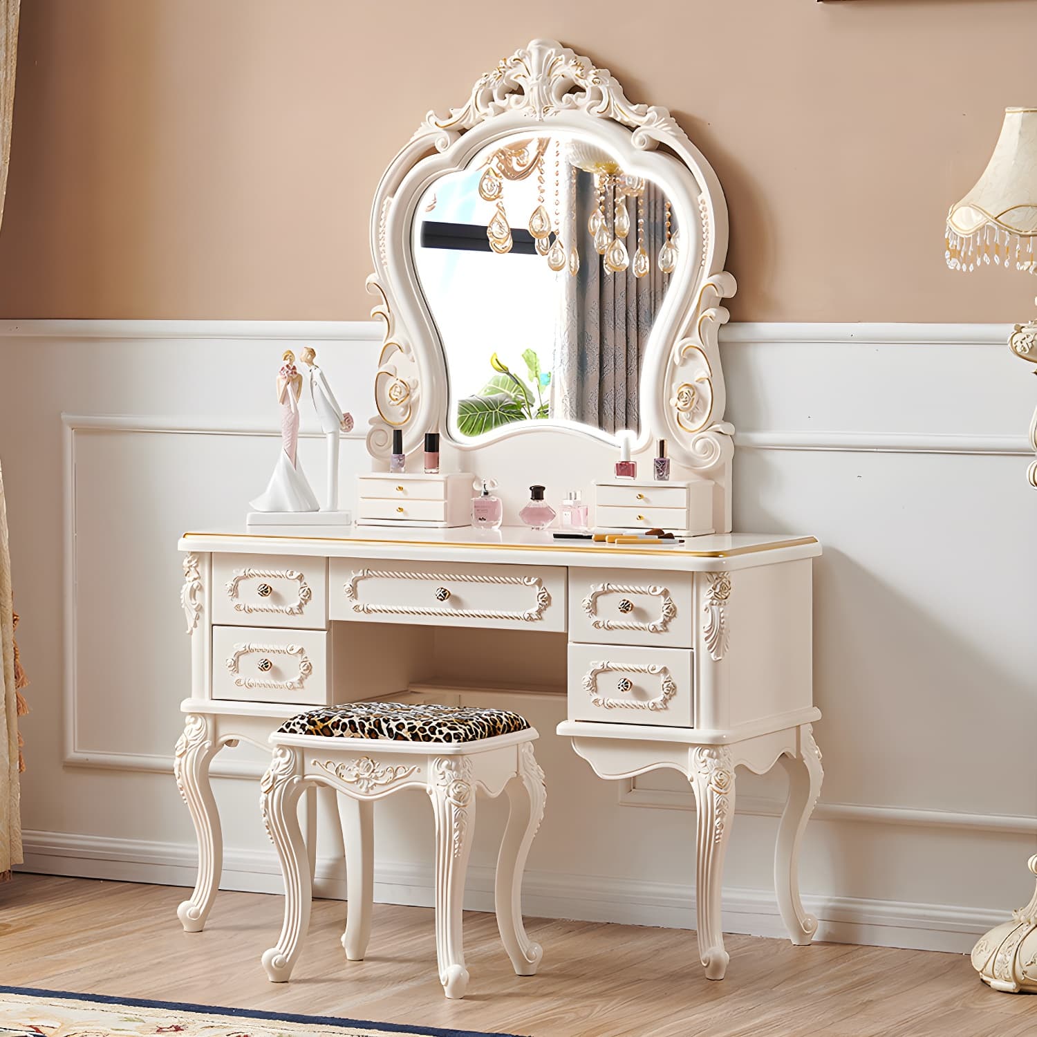 Victorian Make up Table Stool Set with Mirror and Drawers for Bedroom thumbnail 3