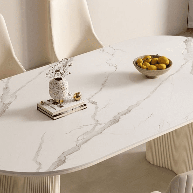 Modern Simple Style Oval Slate Dining Table Set with Dual Footing, Solid Back Panel in Chalk Color thumbnail 4