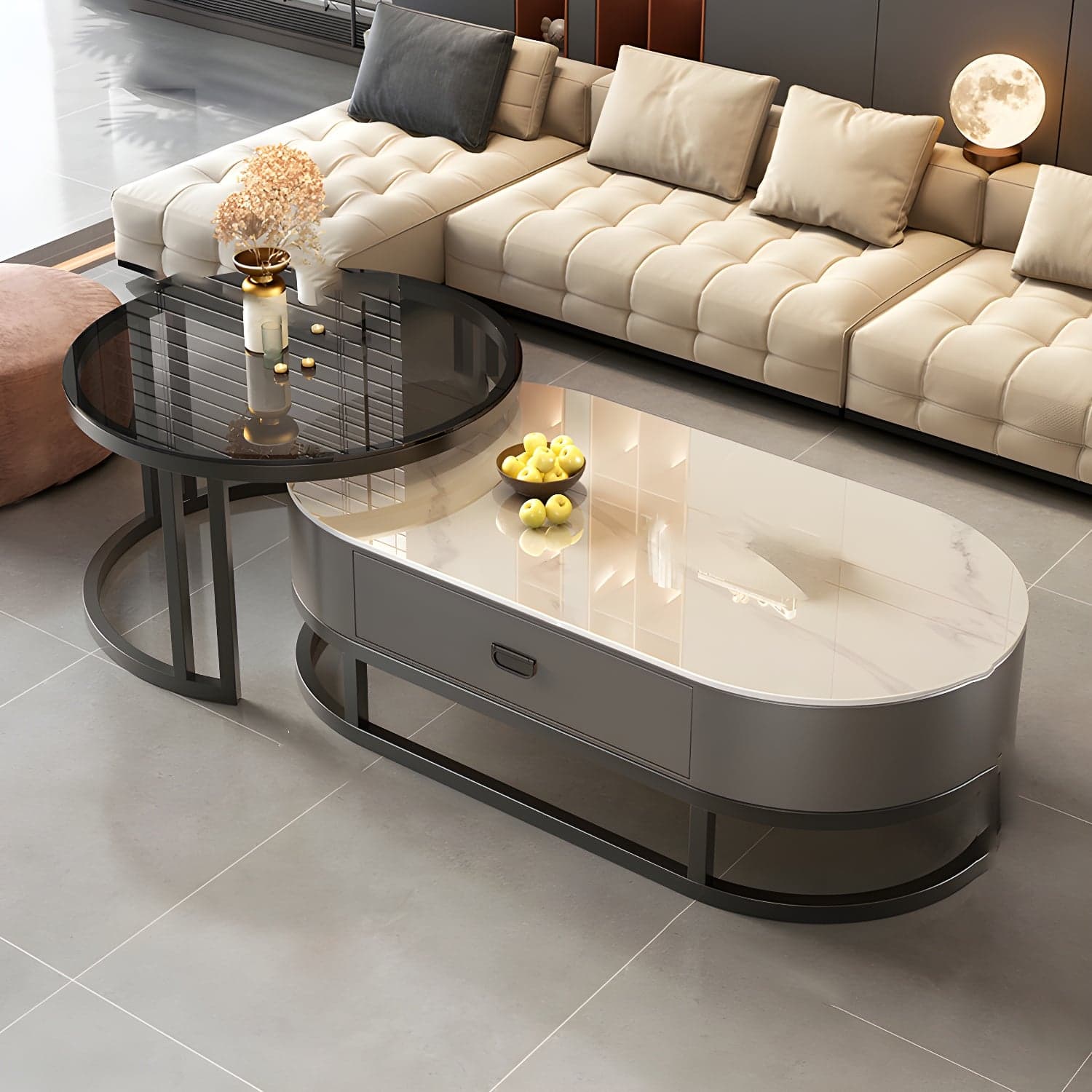 Set of 2 Modern Nesting Stone Coffee Tables with Metal Frame and Drawers thumbnail 1