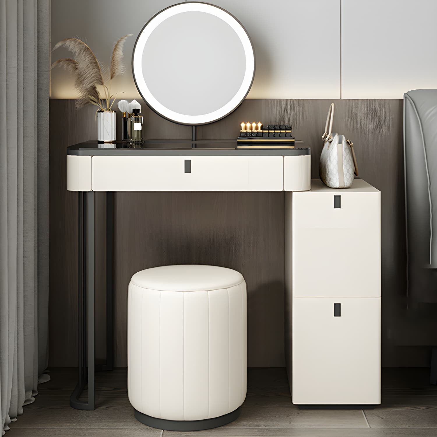 Modern Minimalist White Vanity Table Set 29.53" H Glass Top Vanity Table with Storage thumbnail 1