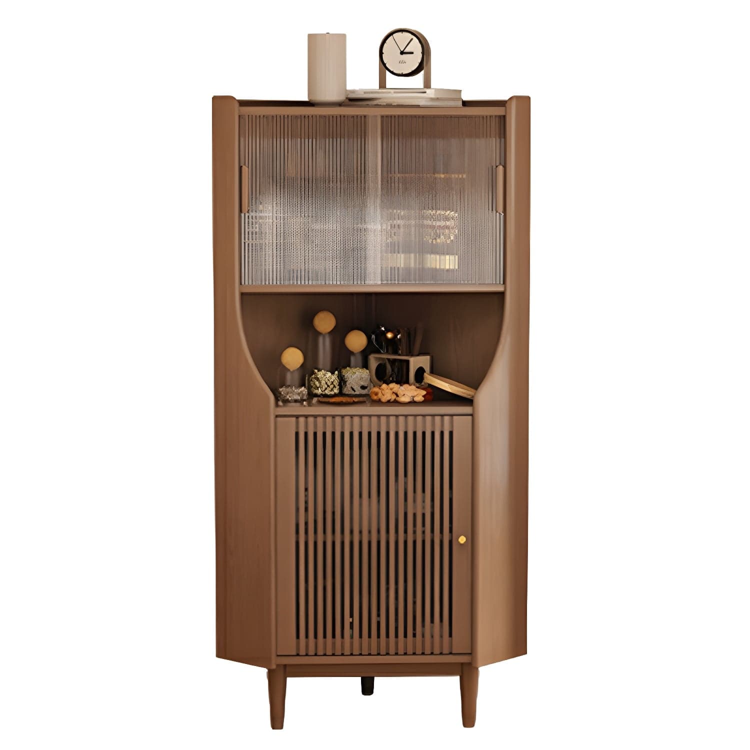 Corner Scandinavian Accent Cabinet with Wood Counter Top and Glass Doors, 2 Exterior Shelves thumbnail 2