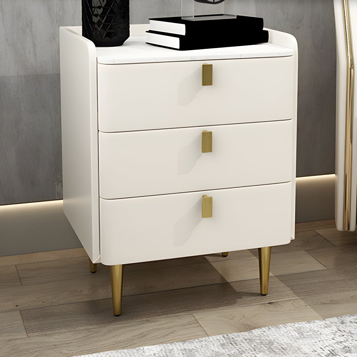 Faux Leather Nightstand Modern 3 - Drawer Nightstand with Stone Top thumbnail 10