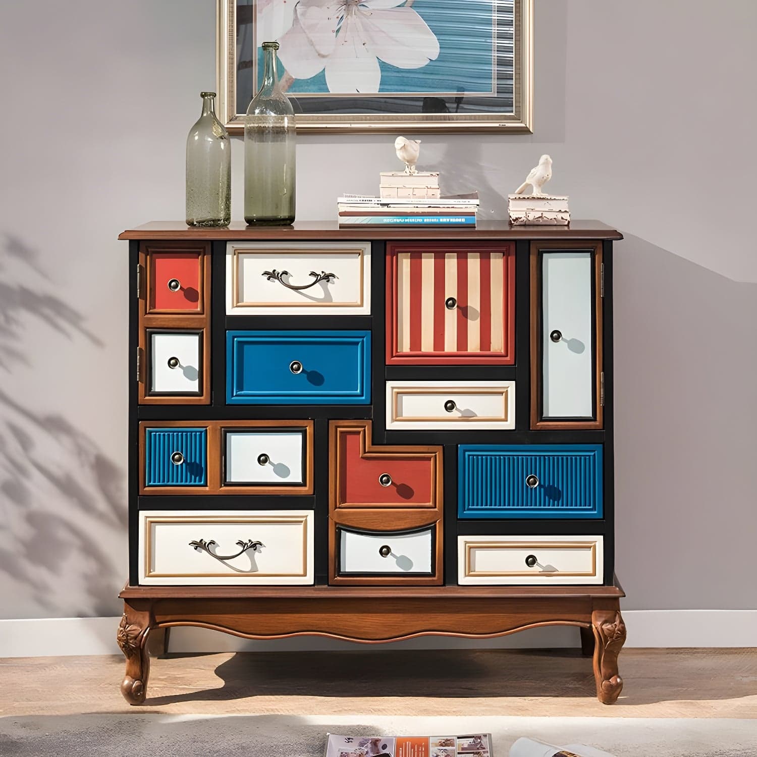 Industrial Painted Accent Cabinet with Drawers Solid Wood Chest thumbnail 2