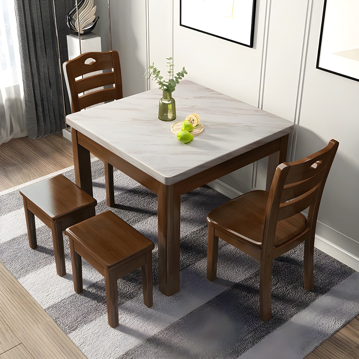 Square Marble Dining Table Set 1/5 Pieces with Solid Wood Base for Kitchen thumbnail 4