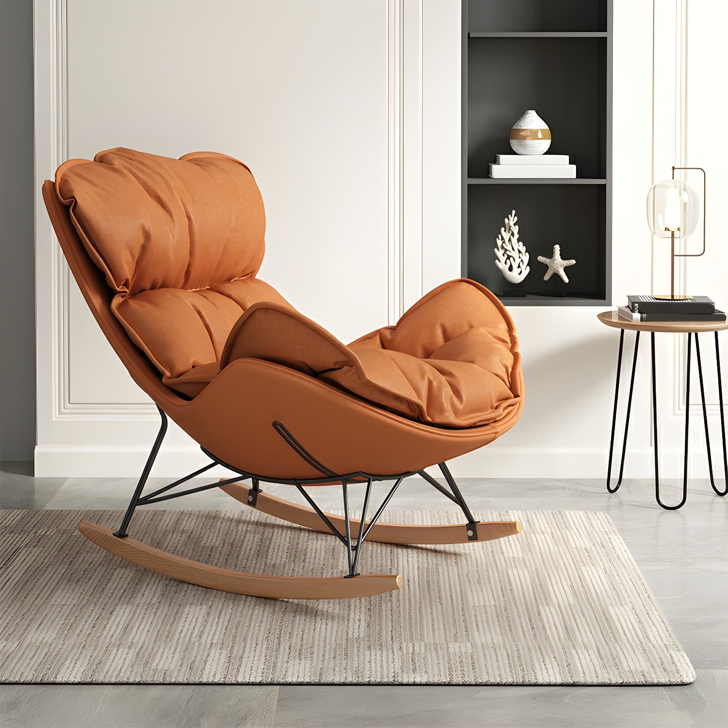 Modern Metal Rocking Chair with Upholstered Seat - Brown Legs, Removable Cushions thumbnail 7