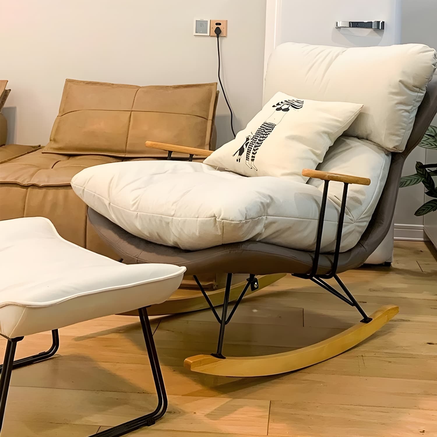 Scandinavian Indoor Upholstered Rocking Chair with Track Arms and Natural Wood Legs thumbnail 10