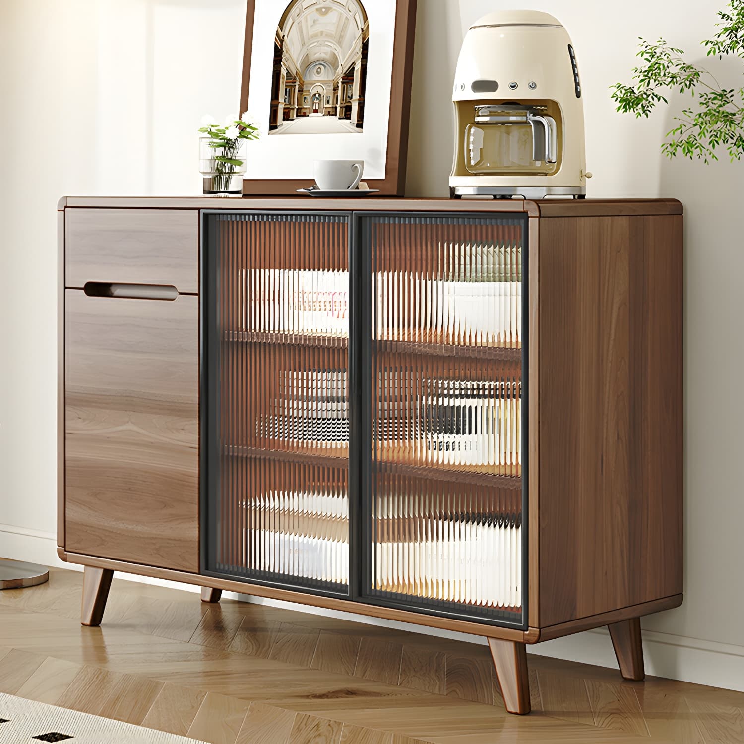 Contemporary Engineered Wood Free-standing Sideboard with Glass Door and Adjustable Shelves thumbnail 1