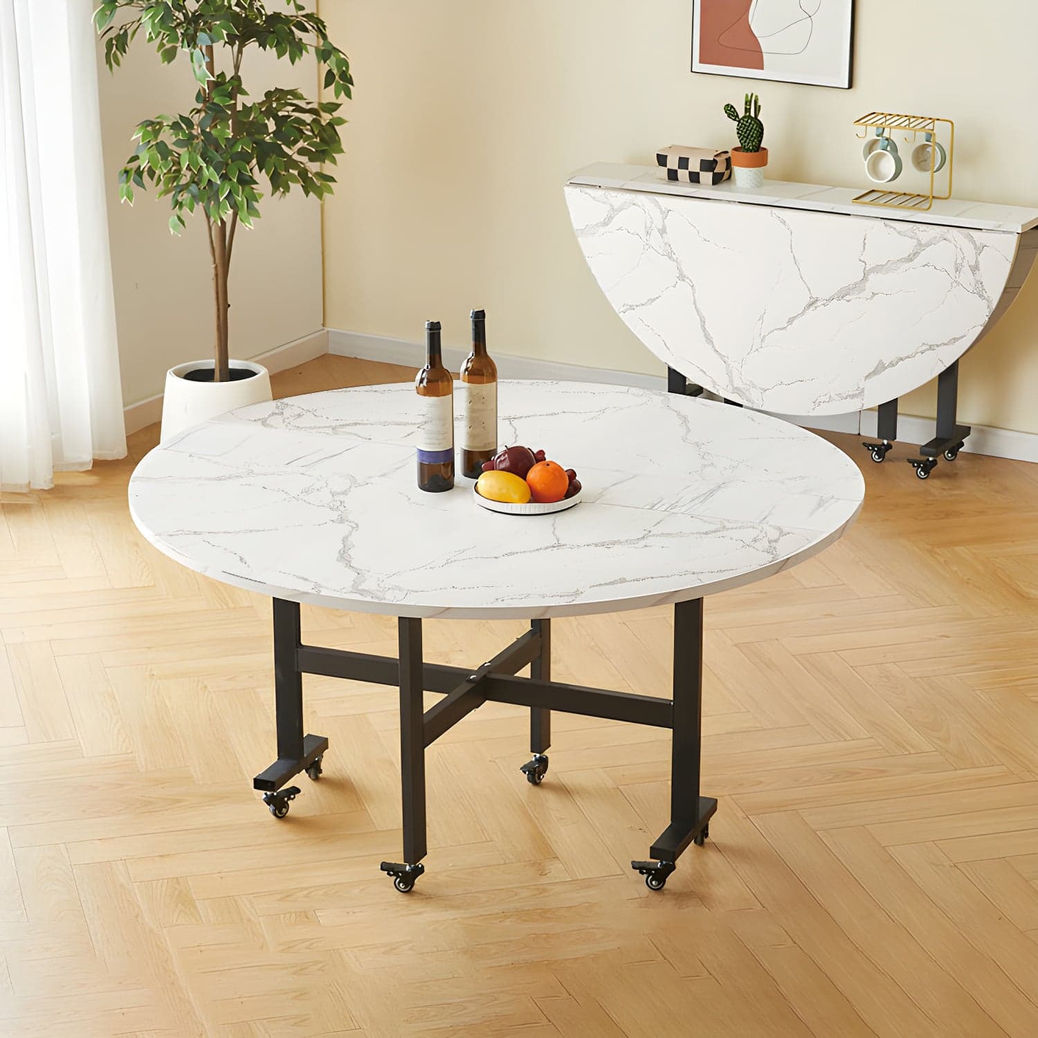 Modern Foldable Manufactured Wood Round Top Dining Table with Movable Steel Black Trestle thumbnail 2