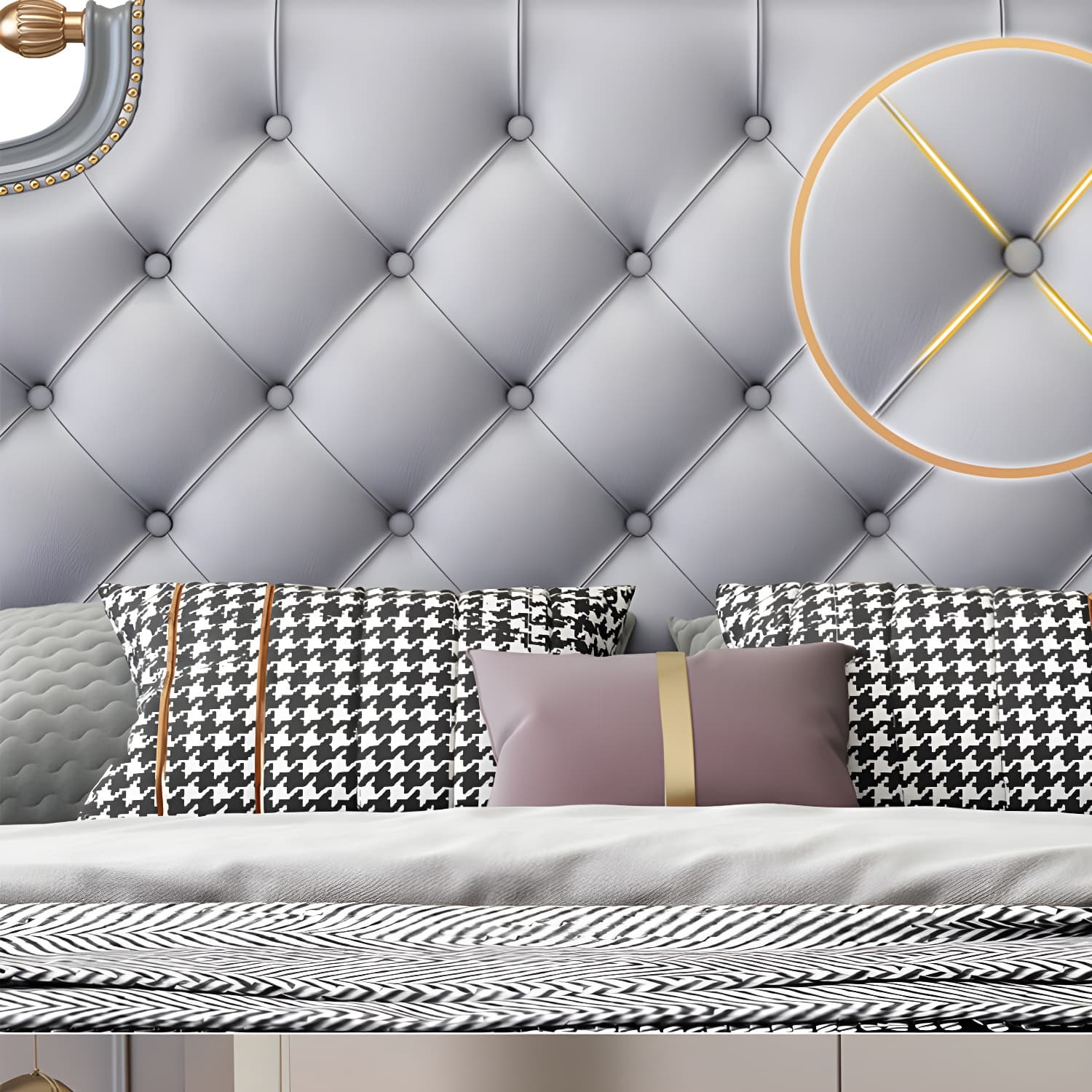 Tufted Upholstered Panel Bed with Nailhead Trim Victorian Solid Wood Bed Frame thumbnail 7