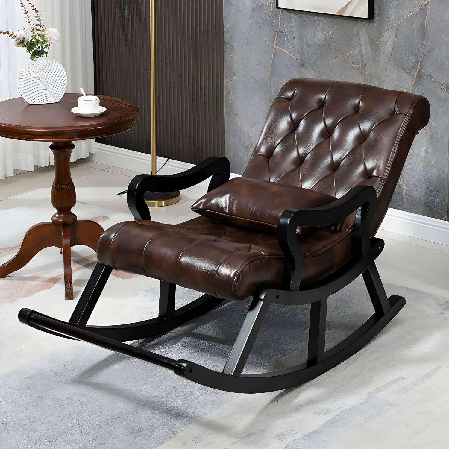 49" Wide Solid Wood Faux Leather Rocking Accent Chair with Legs thumbnail 6