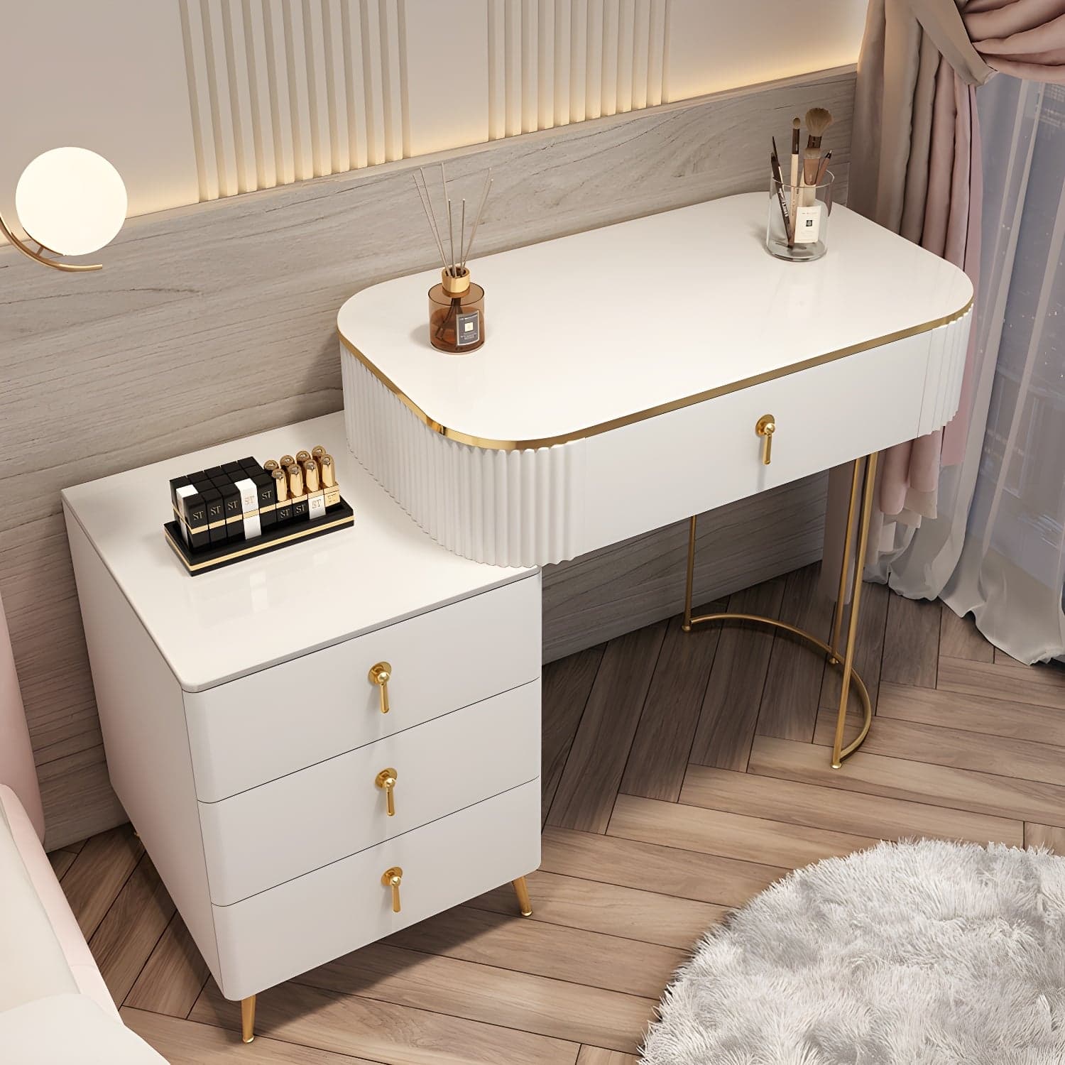 Contemporary Mirrored Wood Top Makeup Vanity Desk White/Gray Dressing Table thumbnail 3