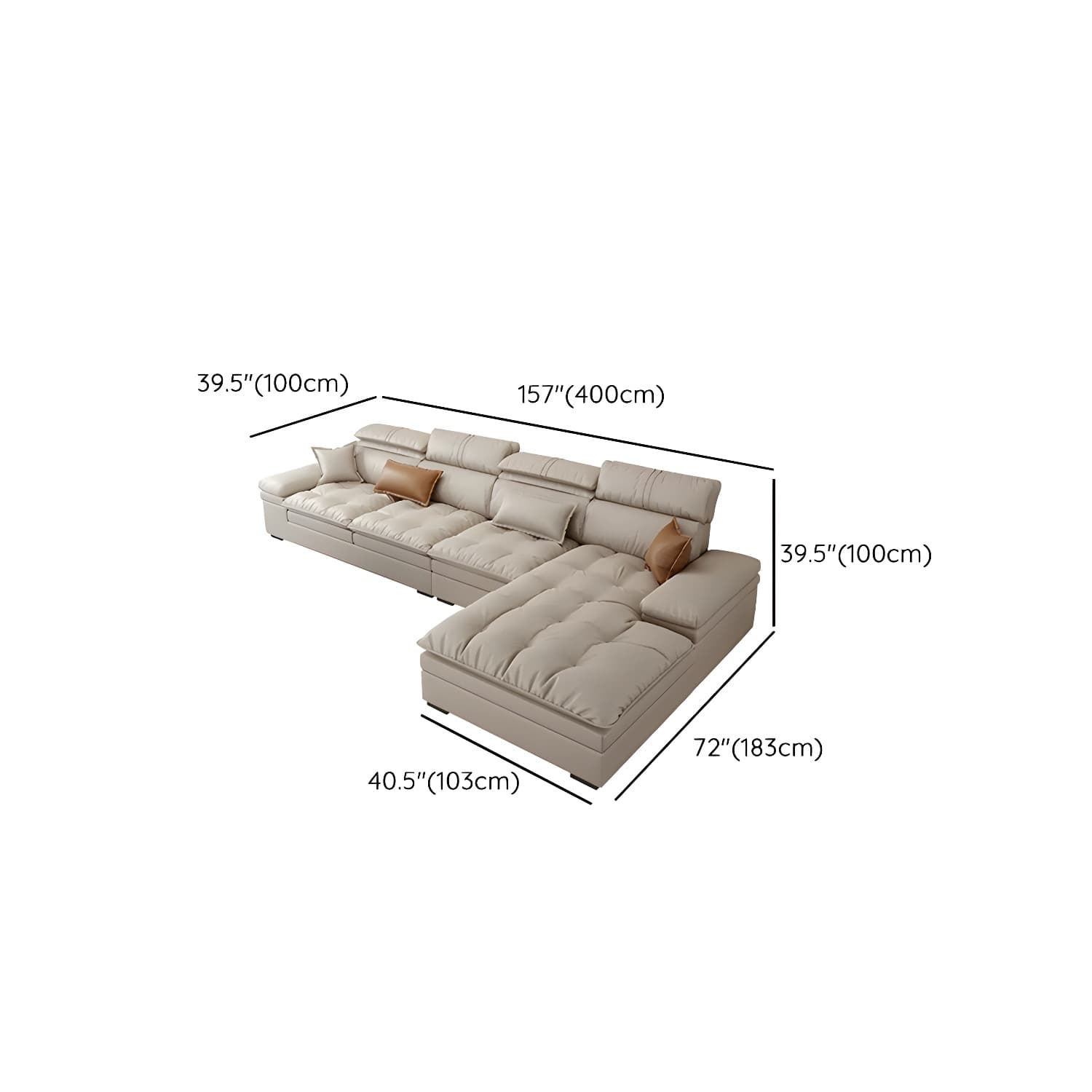 Modern Beige Faux Leather Stationary Sectional Sofa with Adjustable Headrest and Wood Frame thumbnail 22