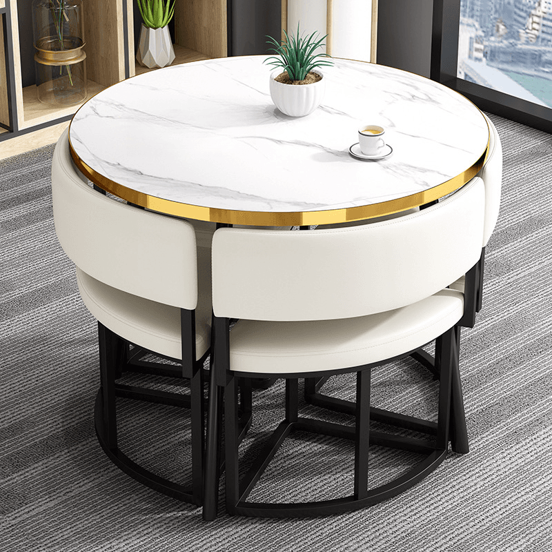 Art Deco Circular-shaped Upholstered Chair Metal & Faux Wood Dining Table Set with Upholstered Back in White, 5 Pieces thumbnail 16