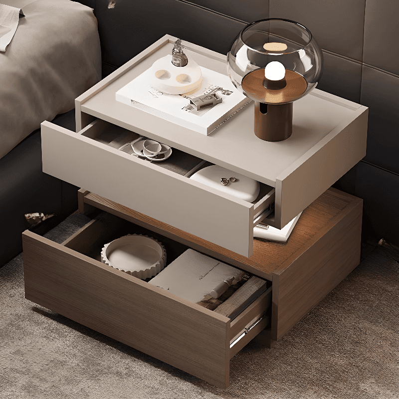 Organic Modern Nightstand With Drawer Organization Featuring 2 Shelves, Real Wood Countertop, and Illuminating Lighting thumbnail 9