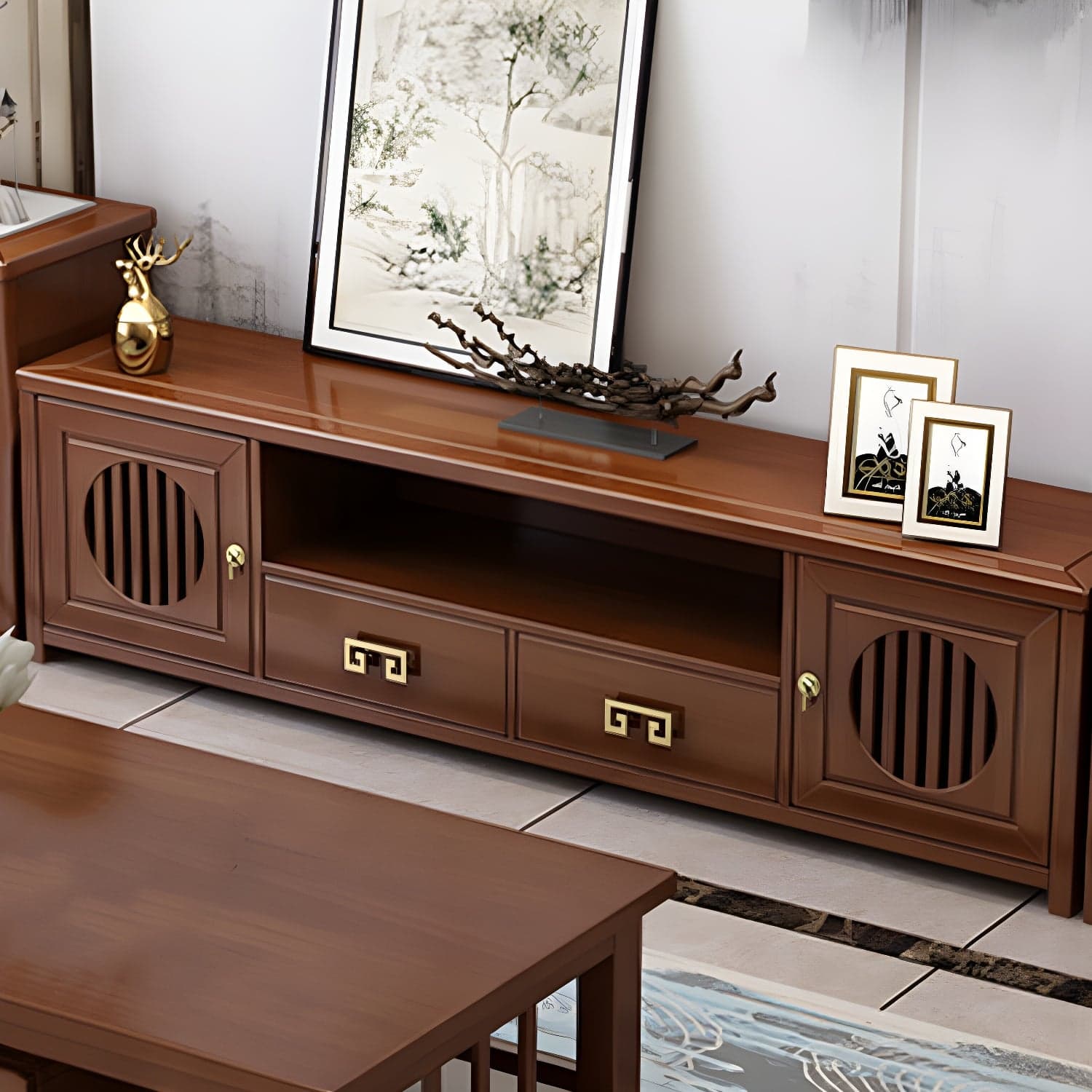 Solid Wood TV Cabinet Traditional Style Household Simple Open TV Stand Console thumbnail 3