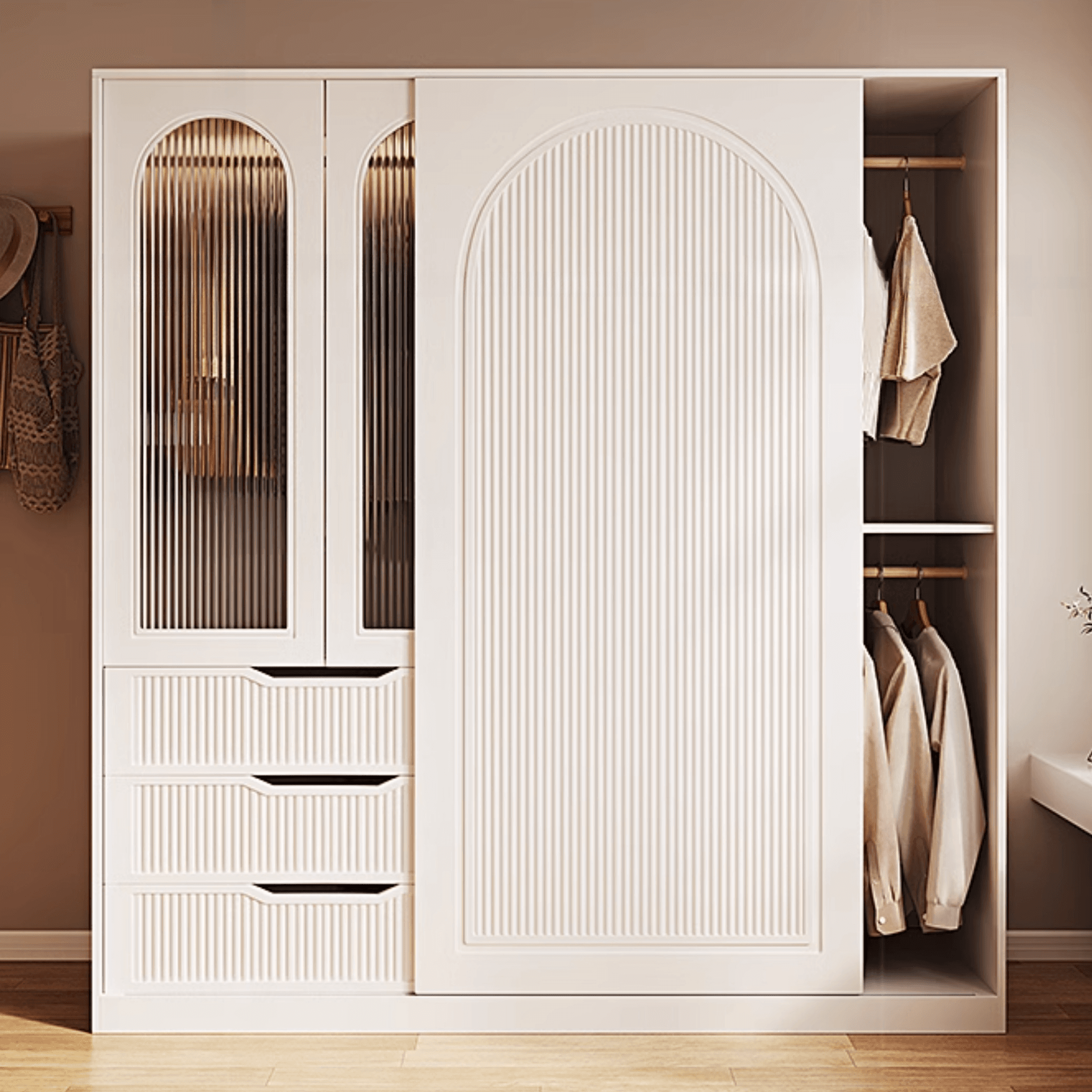 Chalk Almirah in Timber with Clothing Rod, 3 Cabinets/2 Cabinets and 5-Drawer/4-Drawer/3-Drawer in a Minimalist Style, 3-Shelf/2-Shelf Included/Not Included thumbnail 3