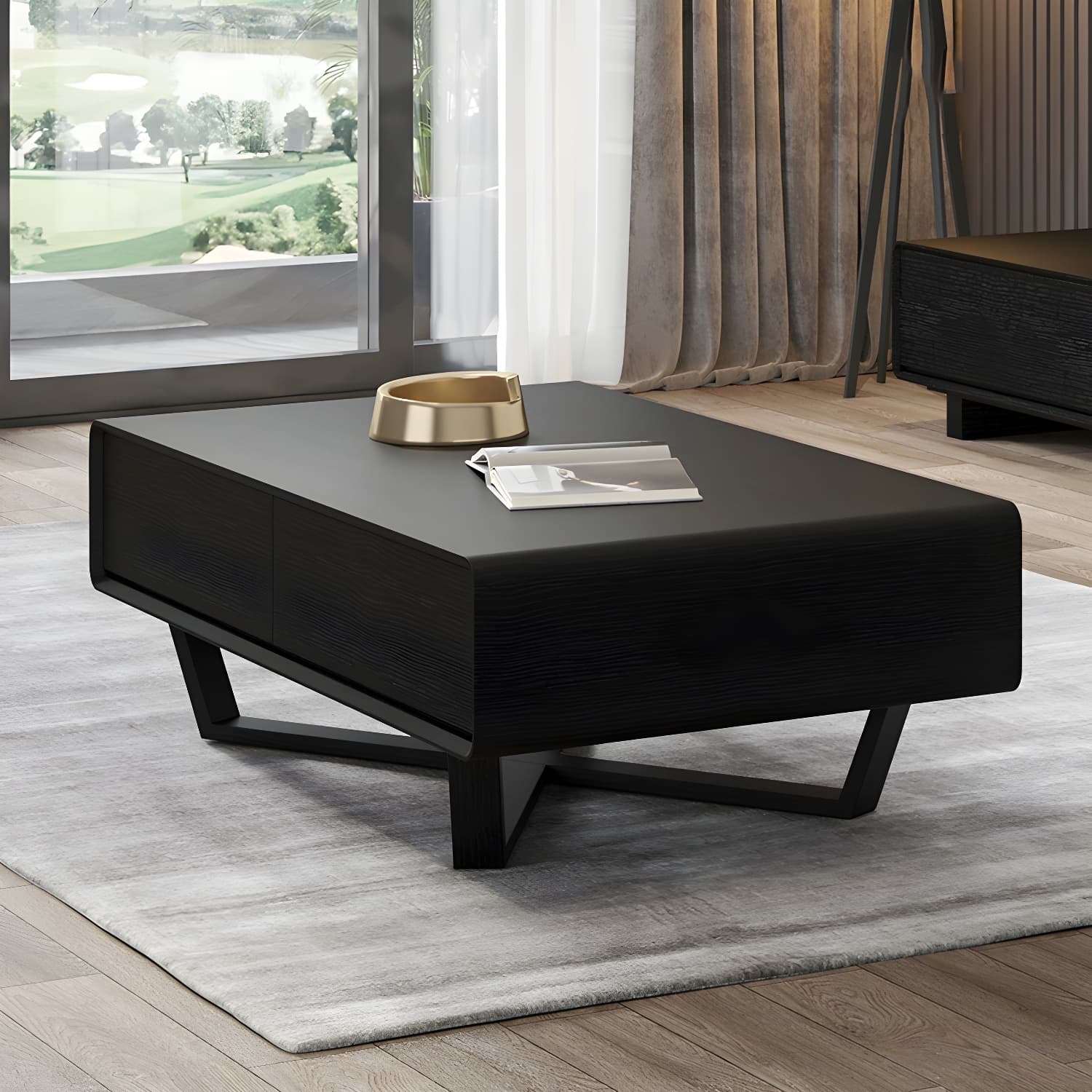 Rectangular Wood Modern Coffee Table with Black Metal Cross Legs and Storage Drawers thumbnail 1