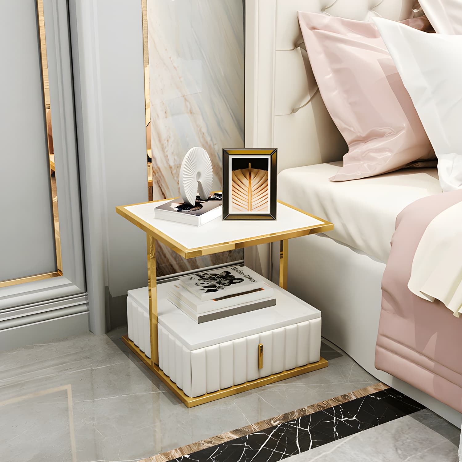 Modern Open Storage Nightstand Stone Top 20 Inch Tall 1-Drawer Night Table thumbnail 5