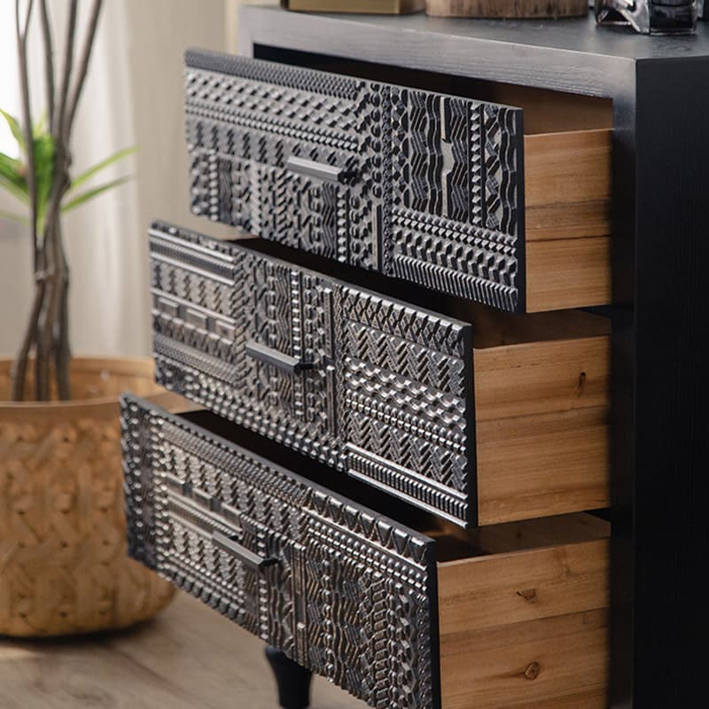 Modern Black Wood Console Cabinet with Cubby Storage and Wood Scoring & Rub Through Detailings thumbnail 9