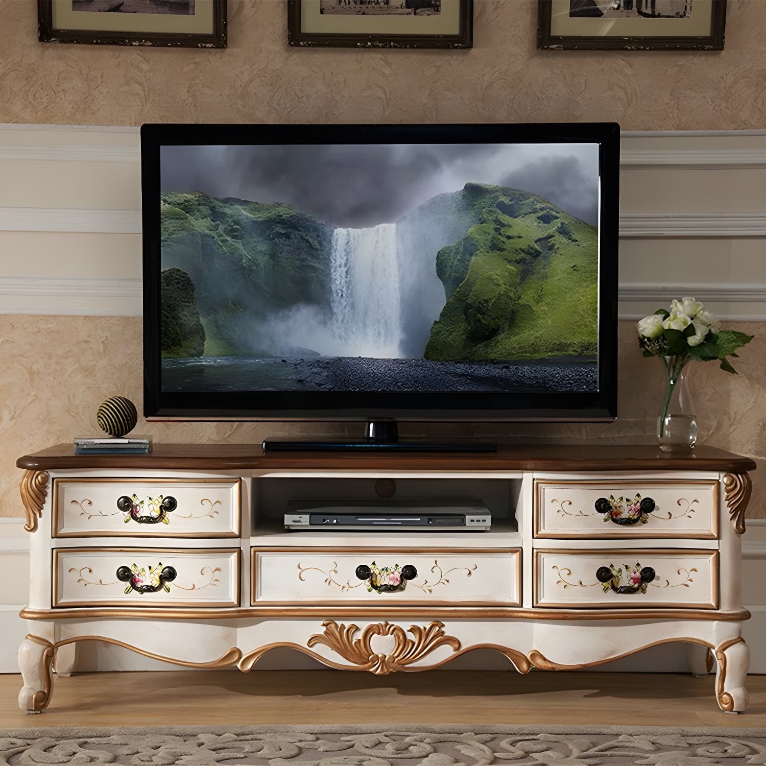 Vintage Birch Wood Media Console Matte Finish TV Media Stand with Drawers and Open Storage thumbnail 5