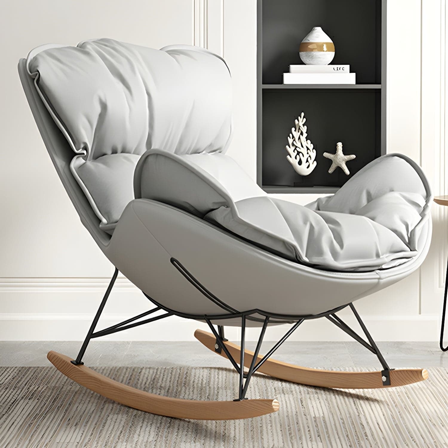 Stylish and Comfortable Modern Upholstered Indoor Rocking Chair with Natural Wood Legs thumbnail 3
