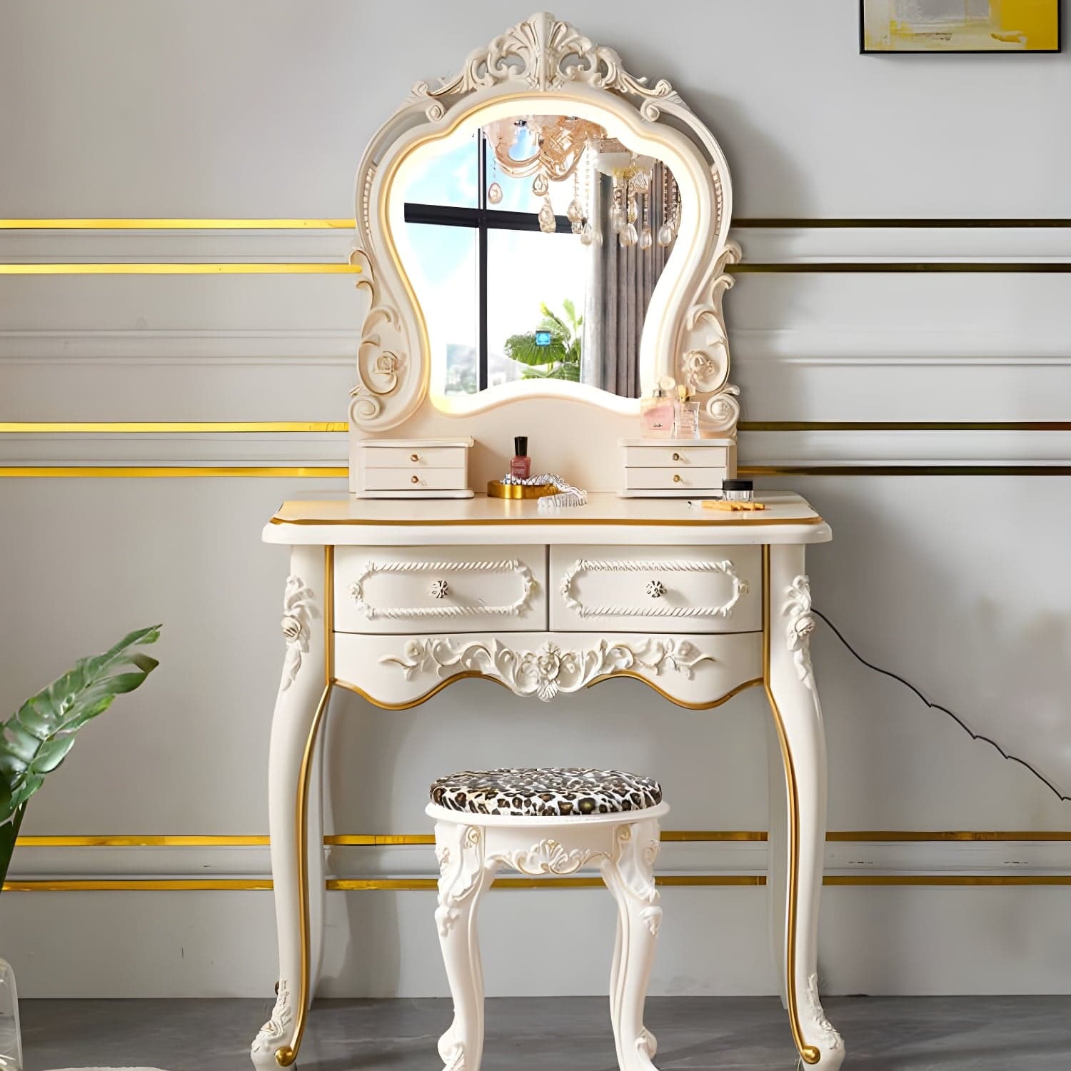White Victorian Wood Vanity Dressing Table with Drawers Mirrored Makeup Vanity
