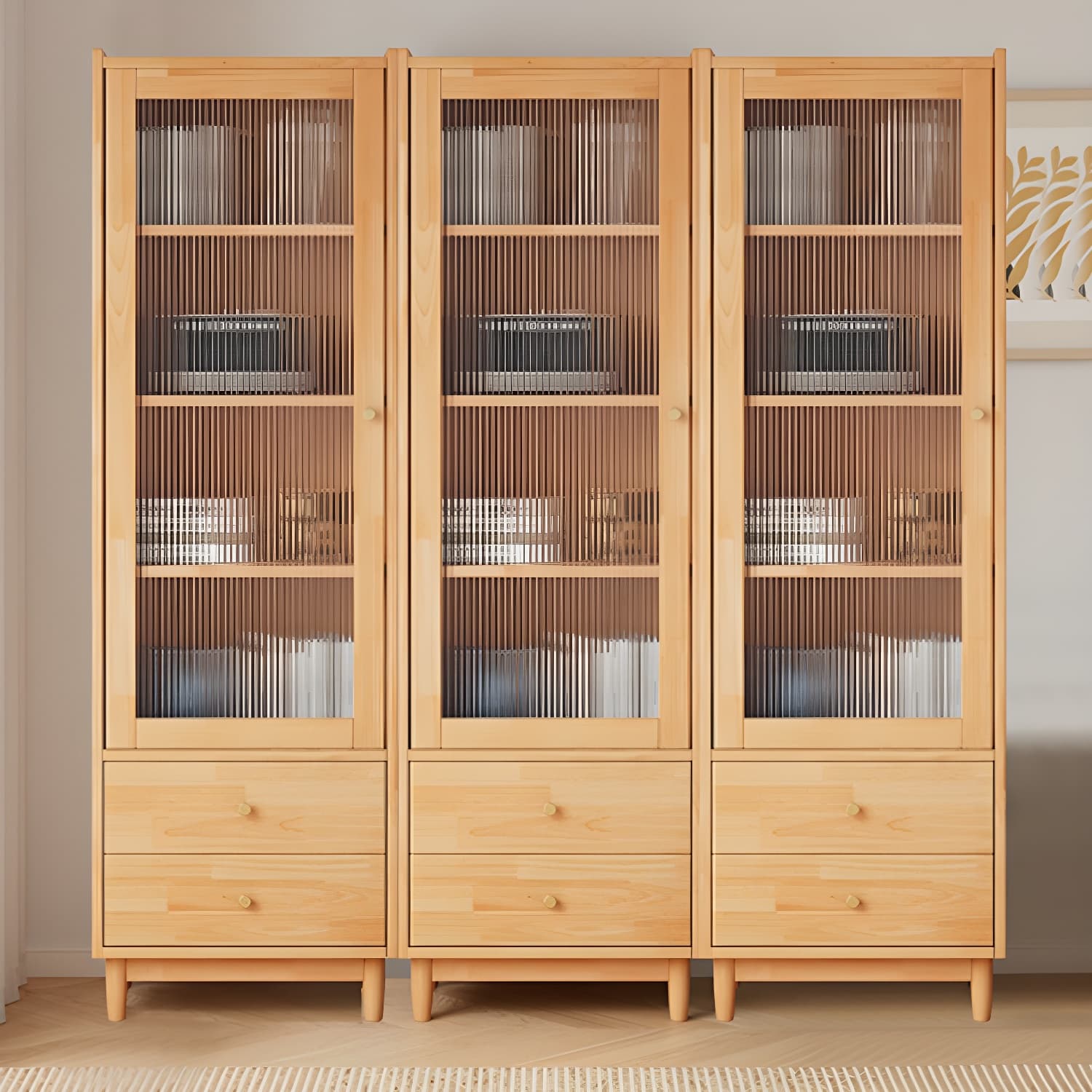 Scandinavian Glass Door Wood Cabinet with Drawers and Adjustable Shelves - Elegant Storage Furniture thumbnail 6